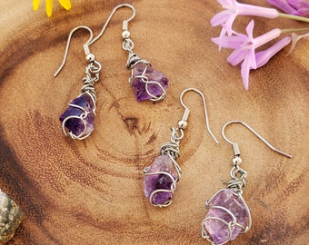 Amethyst Earrings | Wire Wrapped Amethyst | Natural, Raw, Crystal