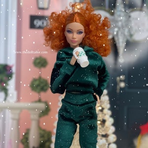 Green hoodie for fashion dolls velvet sweatpants for dolls Christmas pajamas 1/6 scale.