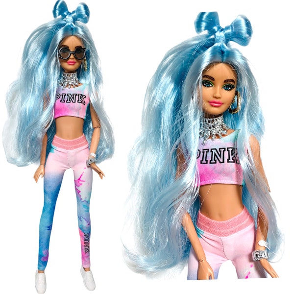 Tie dye leggings for fashion dolls with crop top PINK crop top athletic wear for dolls