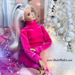 Hot pink velvet dress for fashion dolls Christmas skirts and crop top 1/6 scale doll clothes