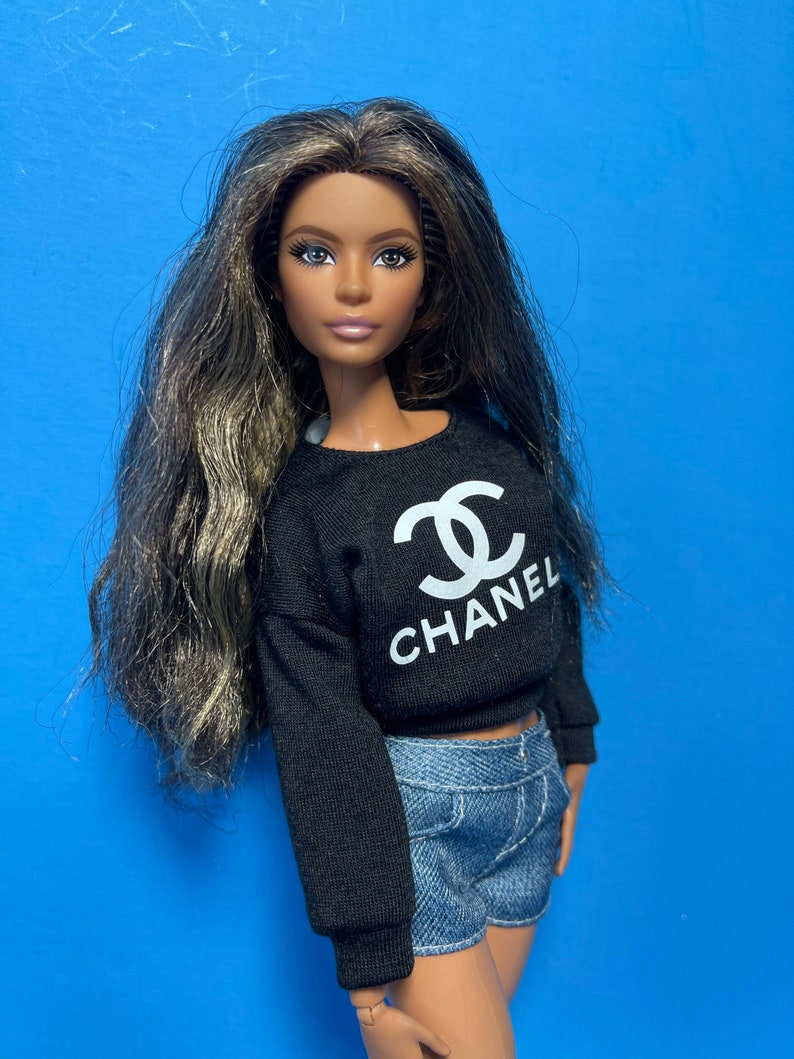Black sweater for fashion dolls with white logo miniature sweater 1:6 scale clothes image 2