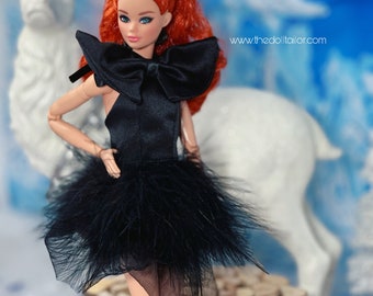 Black satin dress for barbie doll with bow