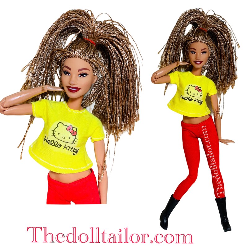 Hello kitty t shirt for Barbie dolls yellow top for Barbie doll made to move Barbie dolls