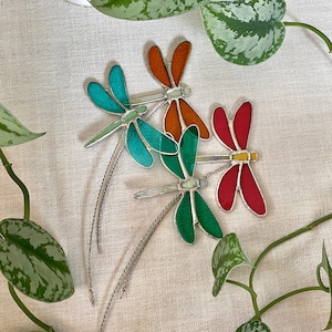 Stained Glass Dragonfly Plant Stake: Iridized Suncatcher, Indoor Plant Decor