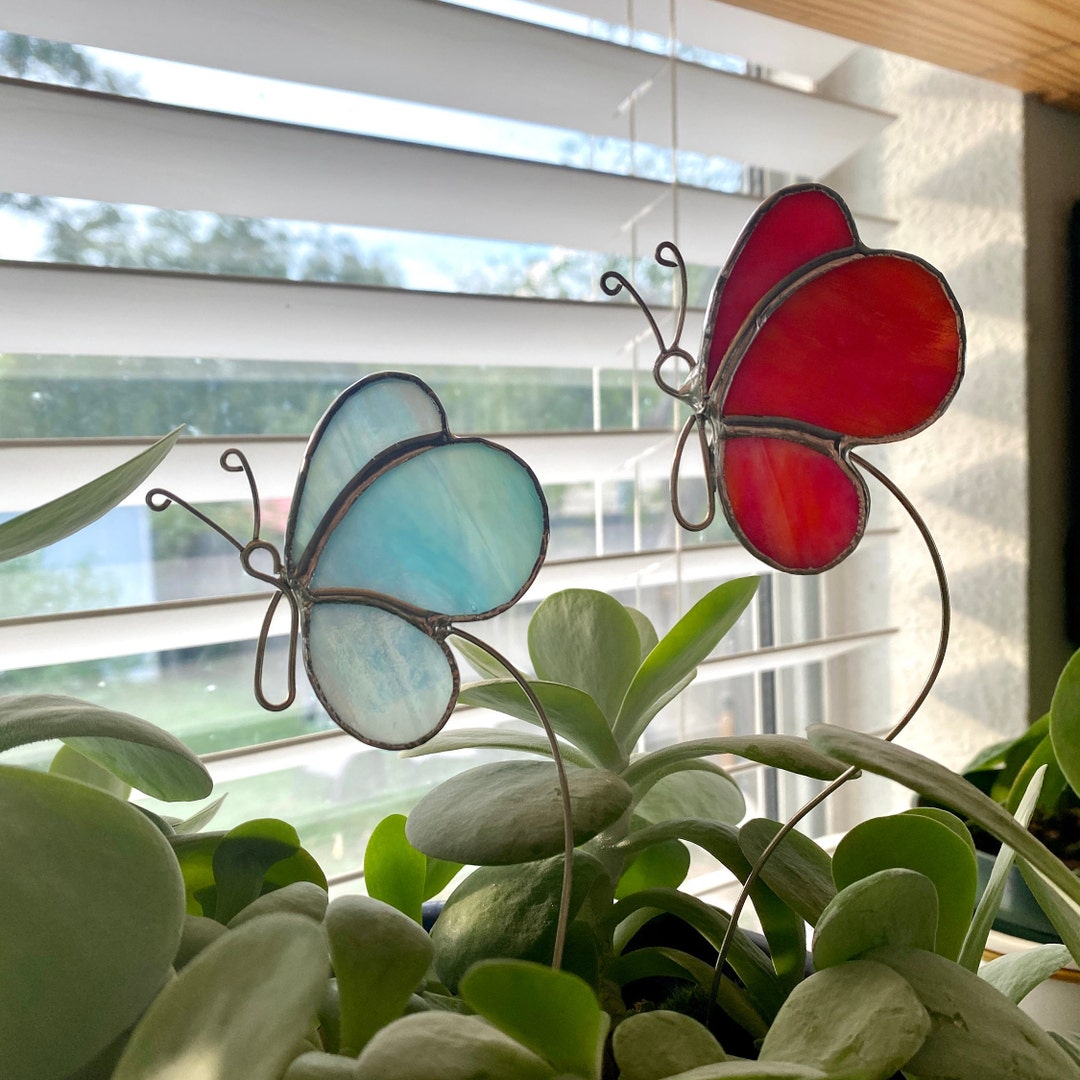 Butterfly Plant Stake Stained Glass Iridized Glass Plant Etsy
