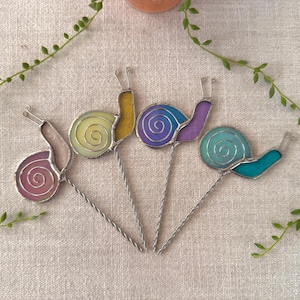 Snail Plant Stake (Small), Stained Glass, Indoor Plant Decor, Suncatcher, Sold Individually