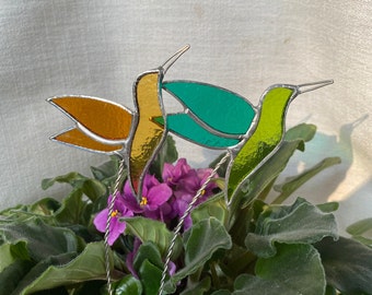 Hummingbird Plant Stake, Stained Glass Hummingbird, Indoor Plant Decor, Suncatcher, Sold Individually, Made to Order