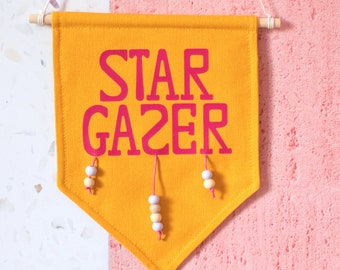 Stargazer Canvas Wall Banner, Celestial Beaded Wall Hanging, Bedroom Decor