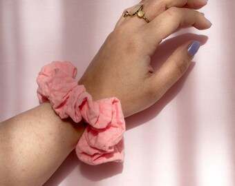 Pink Seersucker Scrunchie, Organic Cotton Hair Tie, Soft Everyday Accessory