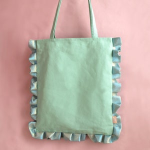 Reusable Mint Green Tote, Bag with Lining, Large Shoulder Bag, Ruffle Canvas Shopper, Summer Accessory, Colourful Fashion