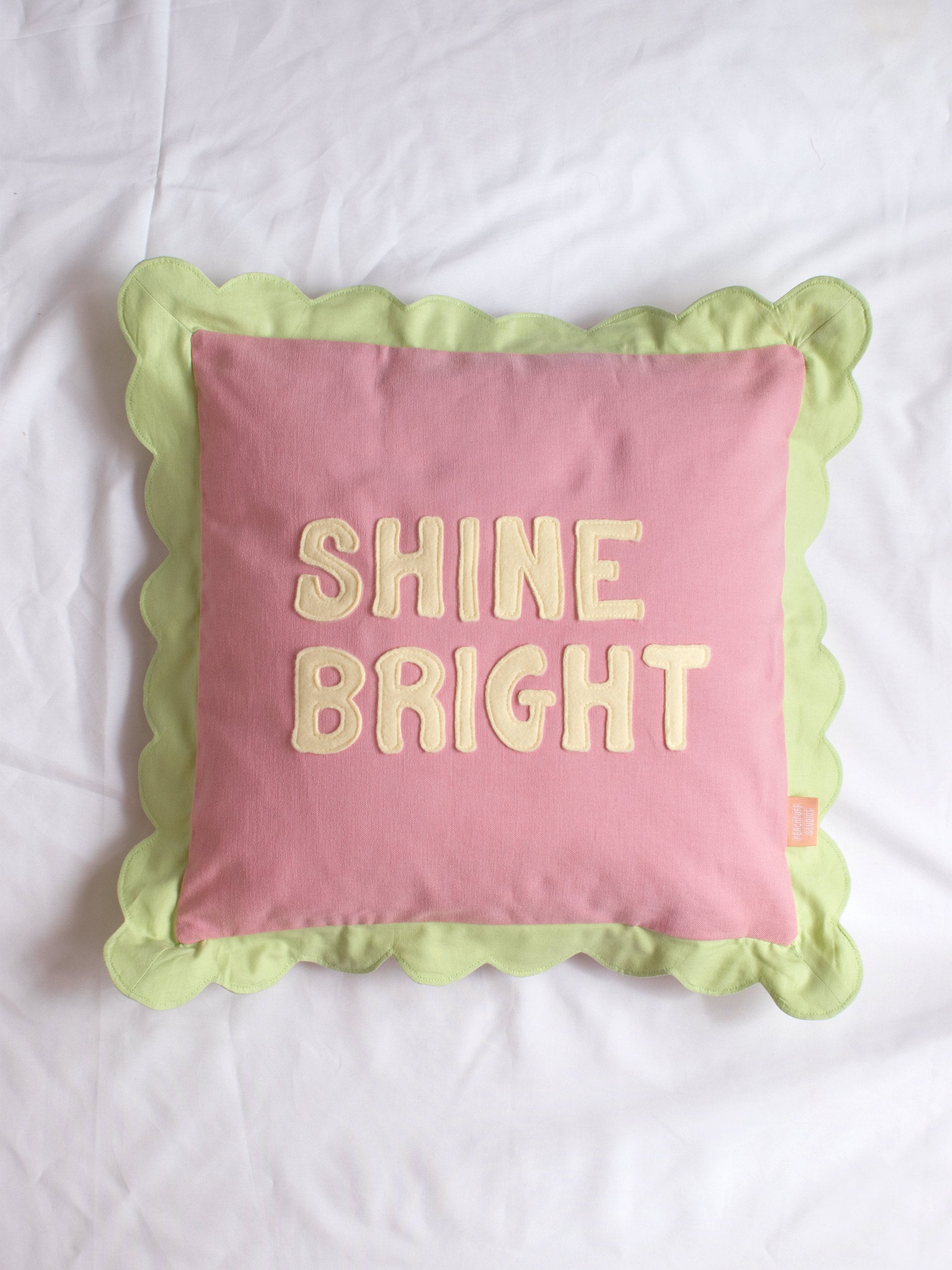 Scalloped Cushion Cover, Shine Bright Quote, Positive Slogan Pillow, Colourful Soft Furnishing, Summer Decor, 40cmx40cm