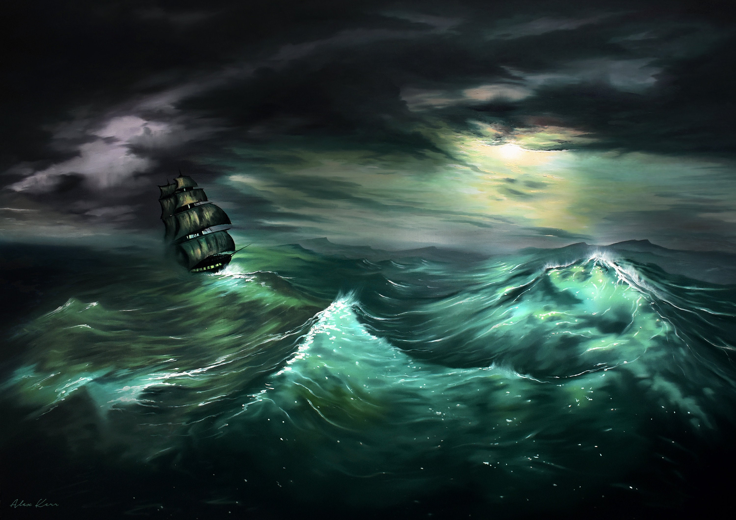 Stormy Seascape Lost at Sea Oil Painting Print by Alex Kerr Etsy