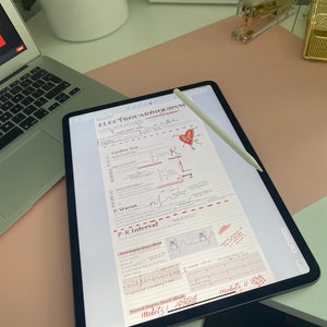 May include: A digital tablet displaying a handwritten page of notes on electrocardiograms. The notes include diagrams and descriptions of the different types of heart blocks, including first-degree heart block and second-degree heart block (Mobitz I and Mobitz II).