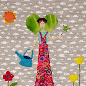 May include: A whimsical illustration of a girl with a heart-shaped head, wearing a red and pink dress with colorful polka dots, holding a watering can and a wand. She is standing in front of a gray background with white clouds and two potted plants.