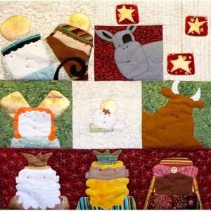 May include: A colorful quilted wall hanging depicting the Nativity scene. The scene includes a donkey, an ox, a baby in a manger, three wise men, and a star. The quilt is made of various fabrics and textures, including felt, corduroy, and cotton.