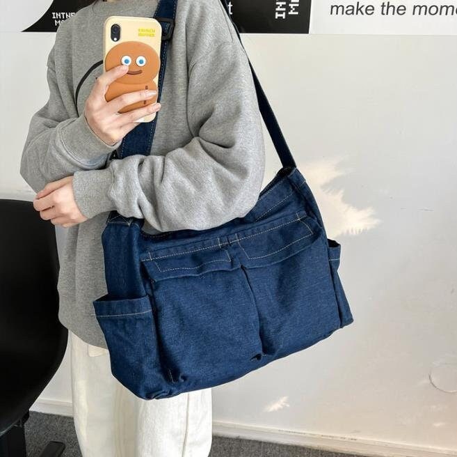 Multi Pocket Denim Messenger Bag, Vintage Denim Shoulder Bag, Ladies