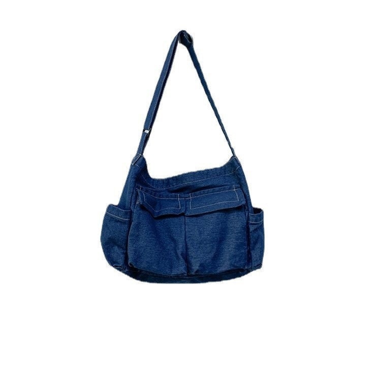 Multi Pocket Denim Messenger Bag, Vintage Denim Shoulder Bag, Ladies