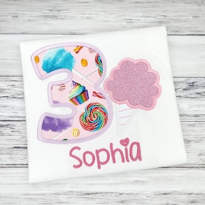 Personalized Candy Birthday Shirt, Candyland Birthday Shirt, Cotton Candy Birthday, Glitter Applique Shirt For Girls, Embroidered Custom