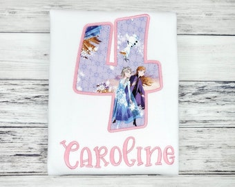 Frozen Girls 4th Birthday Shirt, Elsa and Anna Personalized Embroidered Fourth B-day Shirt, ANY AGE, Custom Purple Name Gift for Toddler