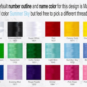 May include: A color chart featuring various thread colors for embroidery designs. The chart includes shades like Sterling Silver, Emerald Black, Super White, Red, Canary Gold, and Electric Yellow. Text at the top says "The default number outline and name color for this design is Madeira thread color Summer Sky."