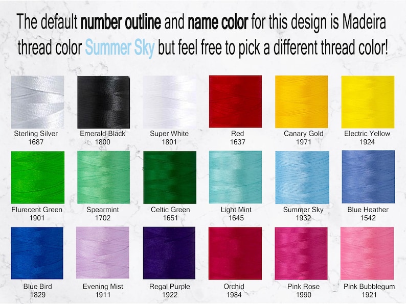 May include: A color chart featuring various thread colors for embroidery designs. The chart includes shades like Sterling Silver, Emerald Black, Super White, Red, Canary Gold, and Electric Yellow. Text at the top says "The default number outline and name color for this design is Madeira thread color Summer Sky."