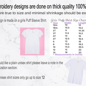 May include: White girls' puff sleeve shirt with a size chart. The chart lists sizes from 12m to 14, with width and length measurements in inches. The text states the shirts are made of 100% cotton and true to size.