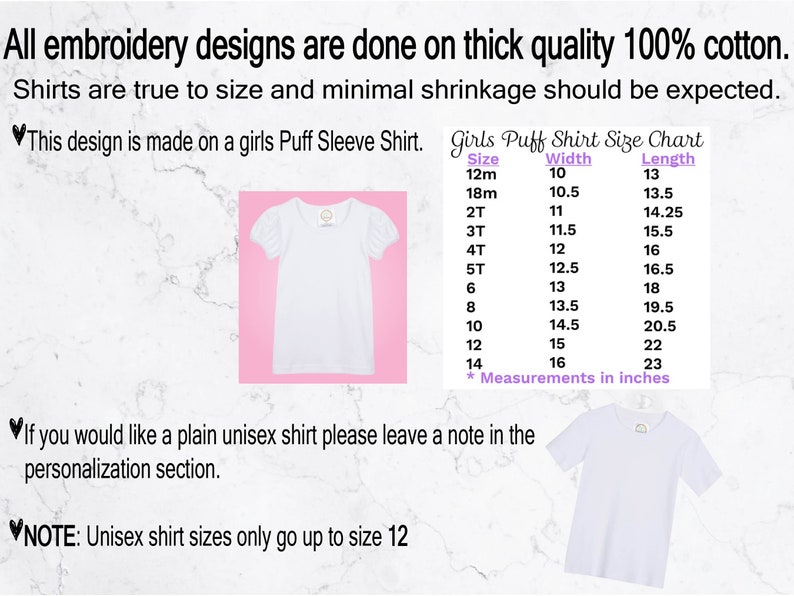 May include: White girls' puff sleeve shirt with a size chart. The chart lists sizes from 12m to 14, with width and length measurements in inches. The text states the shirts are made of 100% cotton and true to size.