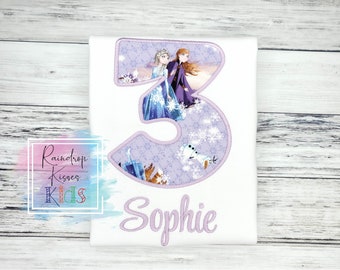 Frozen Girls 3rd Birthday Shirt, Elsa and Anna Personalized Embroidered Third B-day Shirt, ANY AGE, Custom Purple Name Gift for Toddler