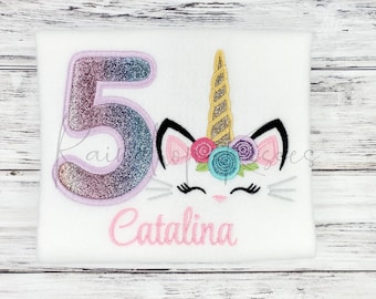 Camisa de aniversário caticórnio, camisa de unicórnio personalizada, camisa de unicórnio para criança, presentes de unicórnio para sobrinha, camisa de 5º aniversário de unicórnio