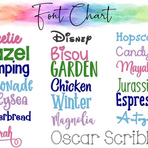 May include: A font chart with various text styles in different colors. The word "Font Chart" is at the top. Examples include "Sweetie", "Hazel", "Camping", "Disney", "Bisou", "Garden", "Hopscotch", "Candy", and "Mayah".