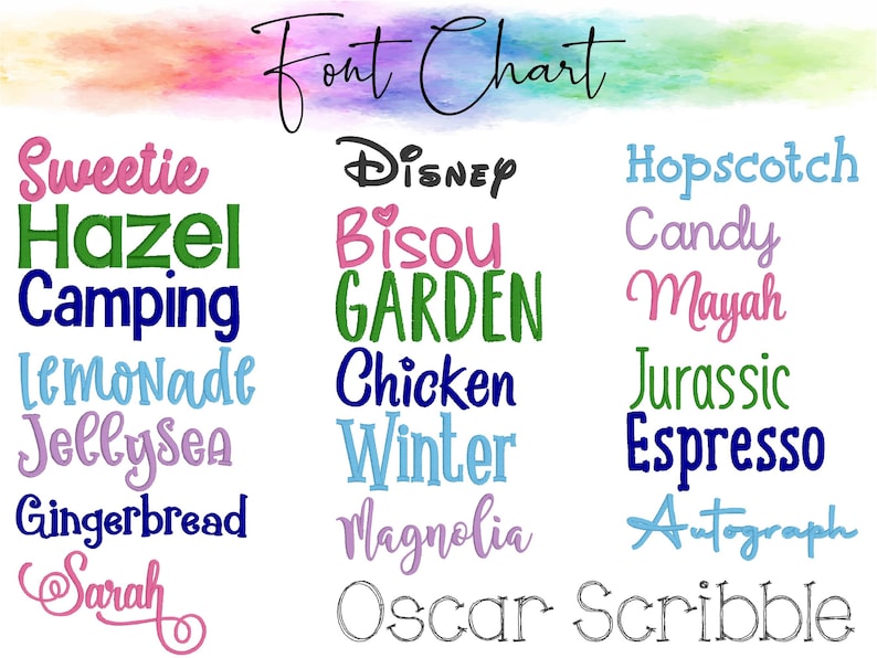 May include: A font chart with various text styles in different colors. The word "Font Chart" is at the top. Examples include "Sweetie", "Hazel", "Camping", "Disney", "Bisou", "Garden", "Hopscotch", "Candy", and "Mayah".
