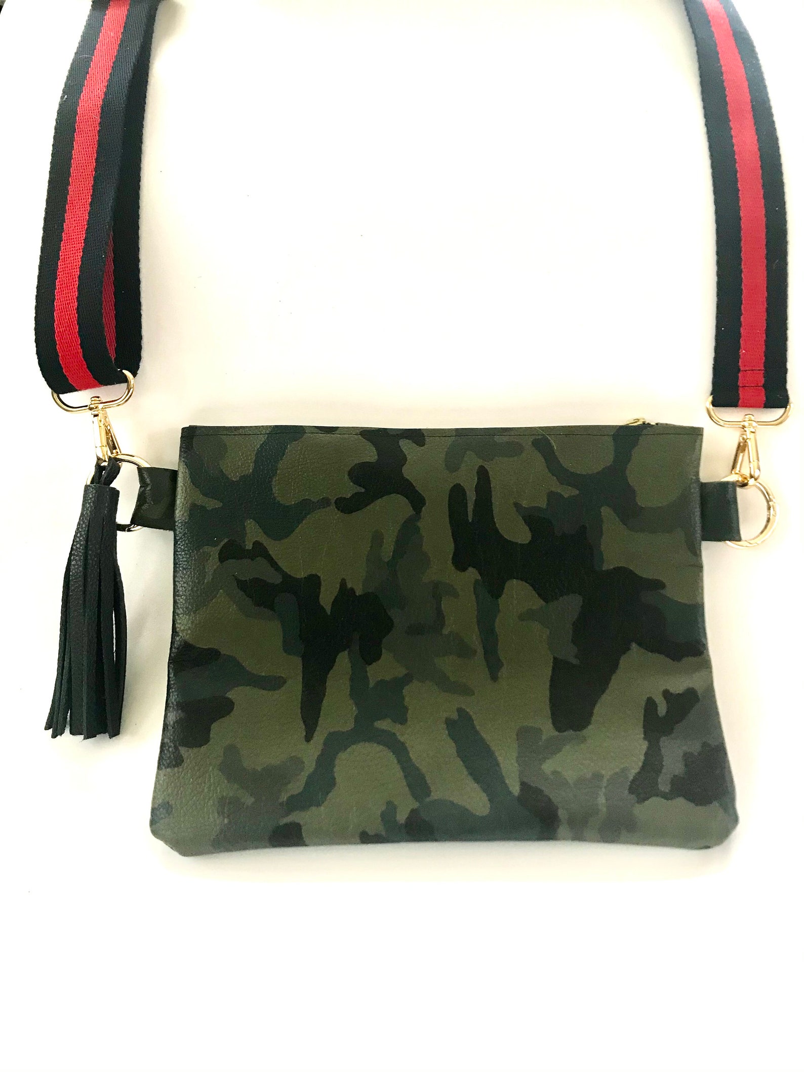 Leather camo crossbody bag with red and navy stripe adjustable Etsy