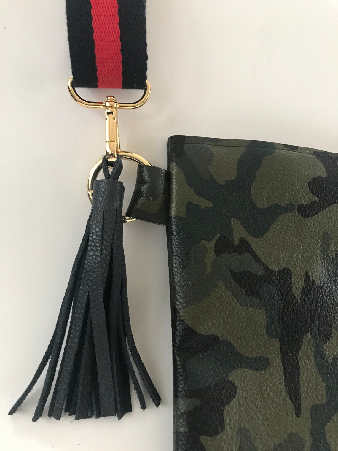 Leather camo crossbody bag with red and navy stripe adjustable Etsy