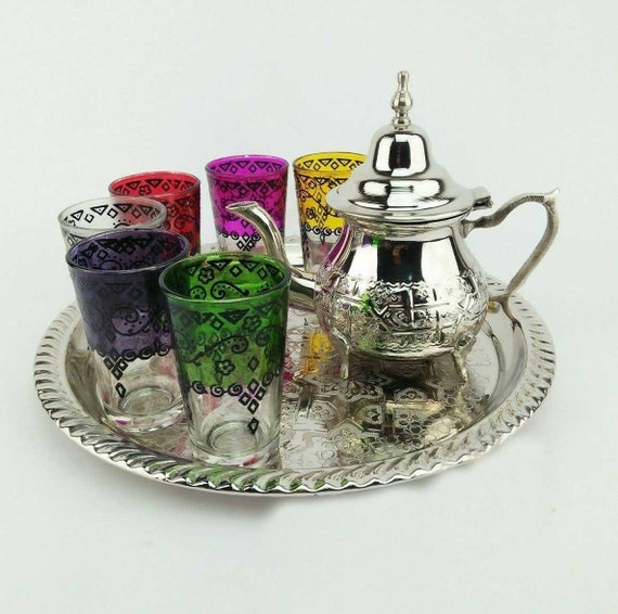 Moroccan Tea Set Teapot Morocco Glasses Silver Tray Etsy