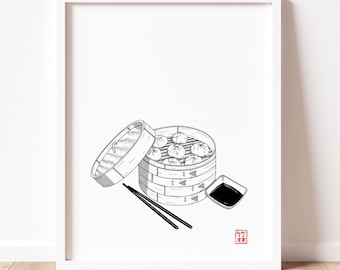 Dumplings, Japanese artwork, Food print, Handmade, Digital art, instant download, Wall art