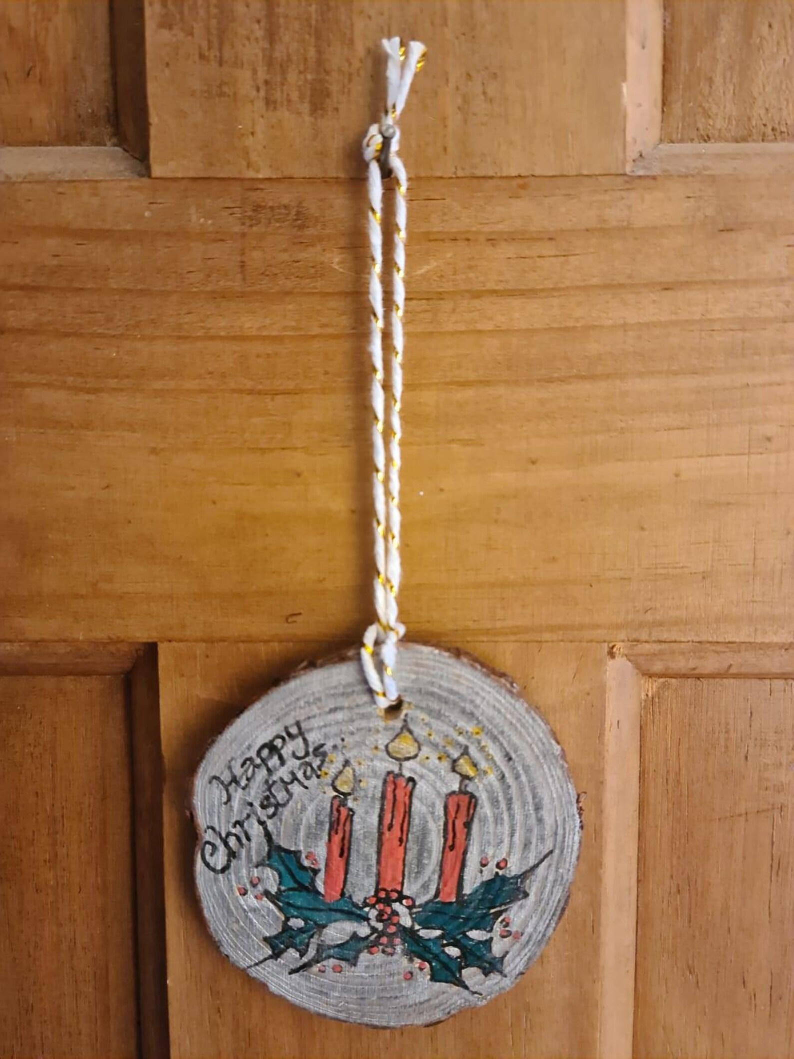 Candle and Holly Wooden Christmas Ornament Etsy