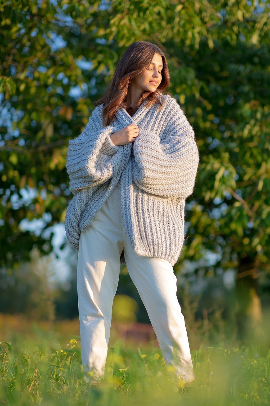 Oversized grey knitted vintage hippie design womens cardigan | Etsy