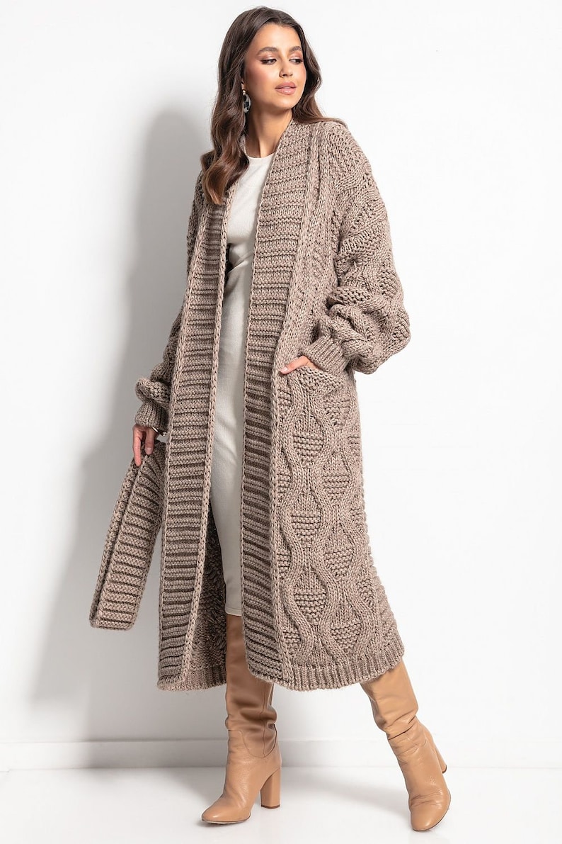 Beige long knitted thick wool jumper long sleeved cardigan Etsy
