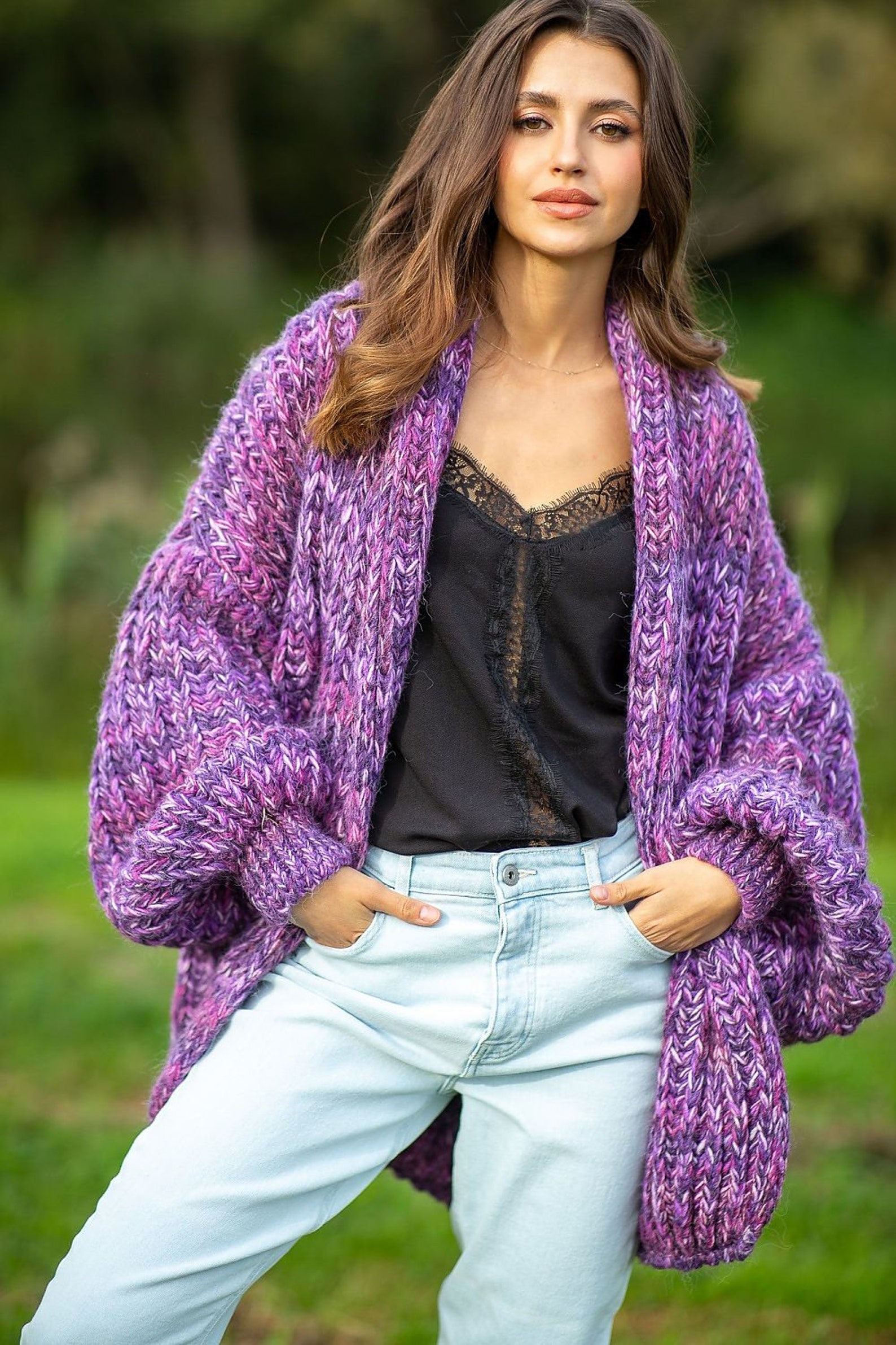 Oversized purple knitted vintage hippie design womens cardigan | Etsy