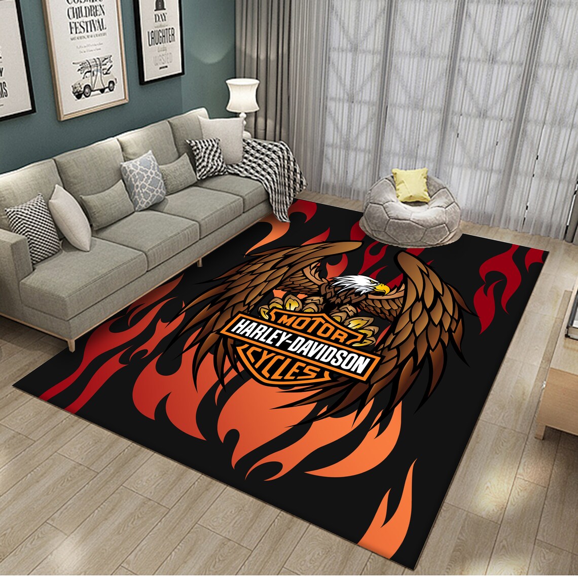 Harley Davidson Rug Eagle And Fire Harley Davidson Carpet Etsy