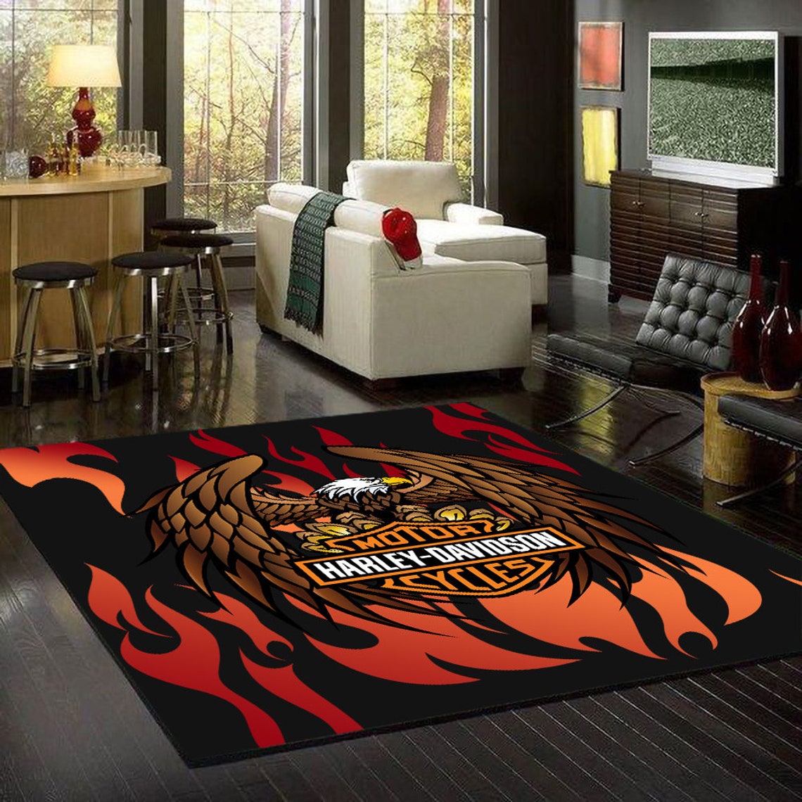Harley Davidson Rug Eagle And Fire Harley Davidson Carpet Etsy