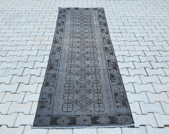 Vintage Turkish Runner Rug 3x10 | Handwoven Anatolian Wool Rug | Gray & Faded Blue Hallway Kitchen Runner, B-3841