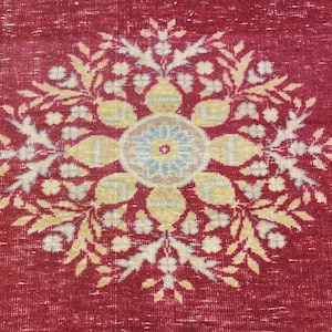 May include: A red rug with a large, intricate floral design in shades of cream, beige, and blue. The design features a central medallion with a smaller circle in the center.