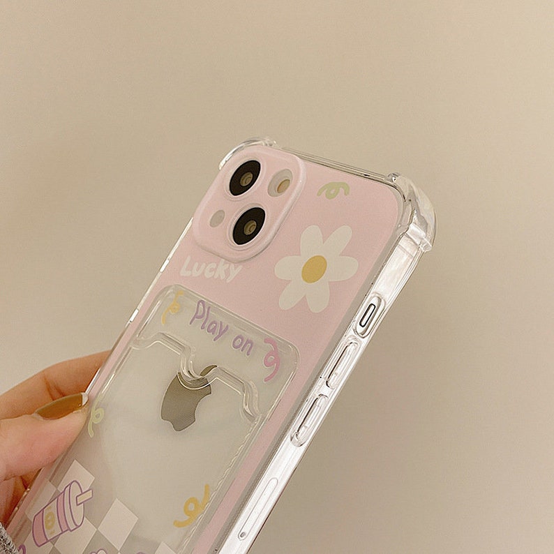 Cartoon Cute Pink Plaid Card Slot Little Daisy Soft TPU Iphone - Etsy