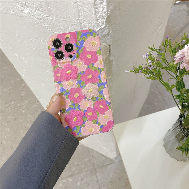 Embroidery Kawaii Cute Fluff Flowers Clear Soft iPhone Case Apple iPhone 13 12 11 pro max X XS XR 7 8 Plus Phone Shell Back Cover