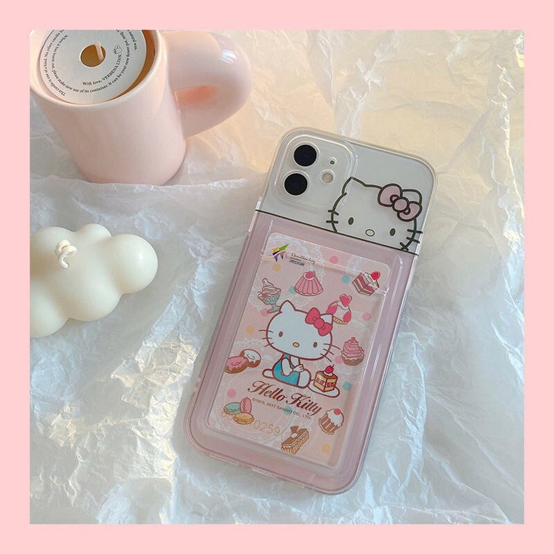 Cute kitten Kitty Clear Phone Case,Pastel Pink Card Holder Full Protection Soft TPU Case iphone 13 12 11 pro max X XS XR 7 8 Plus Girl gift 