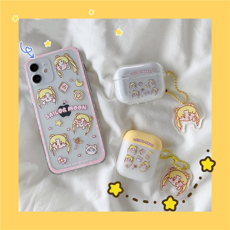 Cute Kawaii Sailor Moon Clear Phone Case,Pastel Pink Card Holder Full Protection Soft TPU Case iPhone 13 12 11 pro max X XS XR 7 8 Plus 