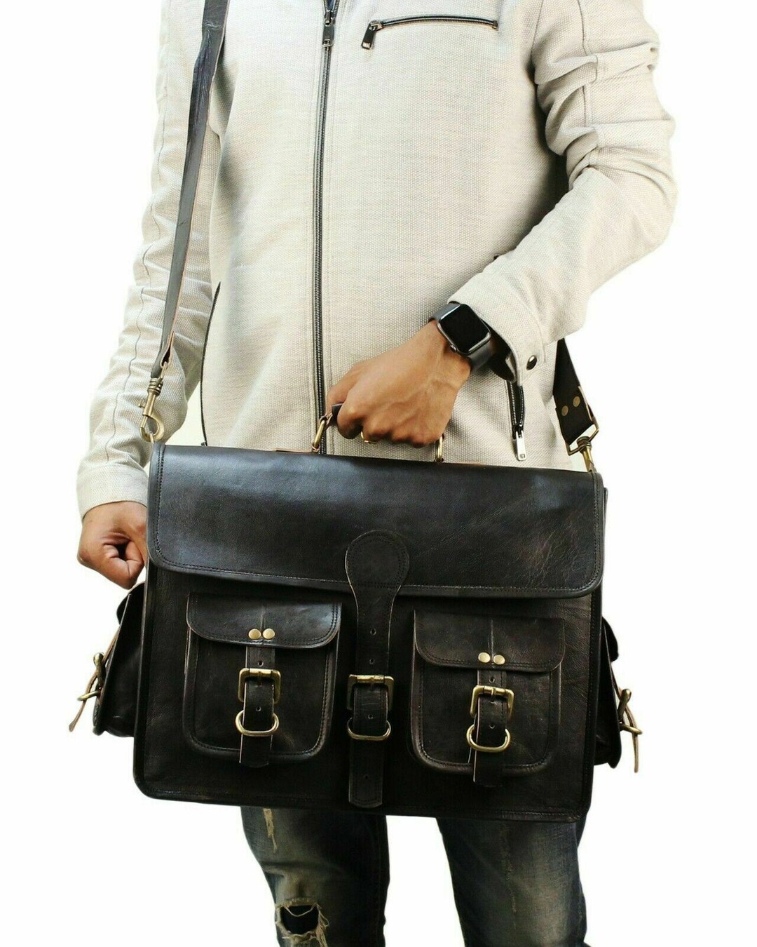 Black Leather Messenger Bag Leather Laptop Bag Leather Bag Etsy