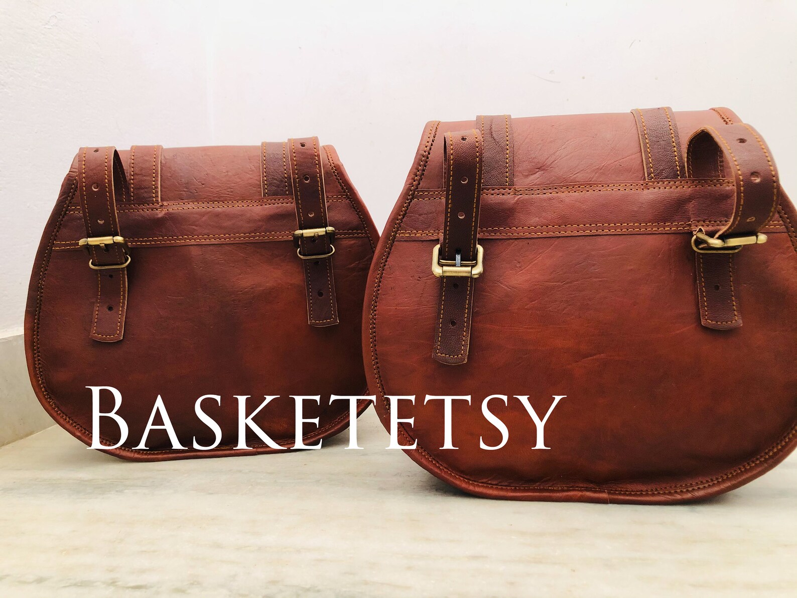 Motorcycle Brown Leather 2 Bags Side Extra Seat Pouch Saddlebags