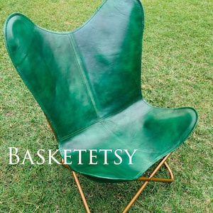 Leather Butterfly Chair, 50% OFF Handmade Living Room Chair, Folding Chair, Lounge Chair, Green Leather Chair mom gift